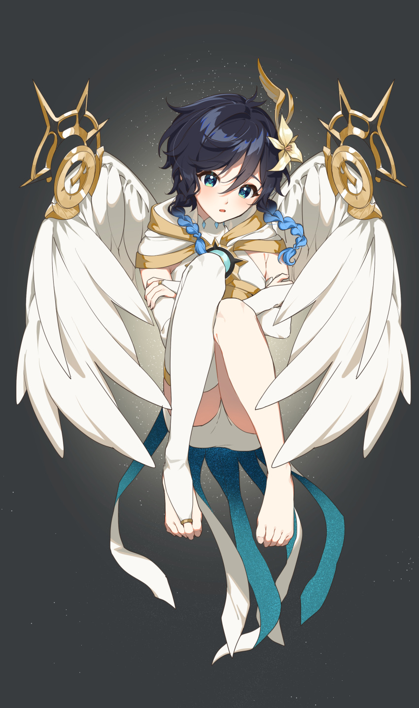 1boy :o absurdres androgynous aqua_eyes bangs barefoot black_hair blue_hair blush braid bridal_gauntlets capelet commentary_request crossed_arms eyelashes feathered_wings feet floating_hair flower full_body genshin_impact gold_trim gradient_hair grey_background hair_between_eyes hair_flower hair_ornament highres hood hood_down hooded_capelet kkopoli knees_up korean_commentary light_particles looking_at_viewer male_focus medium_hair multicolored_hair official_alternate_costume open_mouth short_hair_with_long_locks short_shorts shorts side_braids sidelocks single_thighhigh solo thigh-highs toeless_legwear toes twin_braids venti_(genshin_impact) white_capelet white_flower white_shorts white_thighhighs white_wings wings