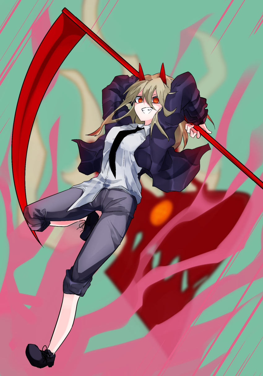 1girl black_footwear black_jacket black_necktie black_pants blonde_hair breasts chainsaw_man collared_shirt commentary_request cross-shaped_pupils demon_horns full_body grin hair_between_eyes highres holding holding_scythe horns jacket long_hair looking_at_viewer medium_breasts necktie pants pants_rolled_up power_(chainsaw_man) red_eyes red_horns scythe sharp_teeth shirt smile solo teeth vivo_(vivo_sun_0222) white_shirt