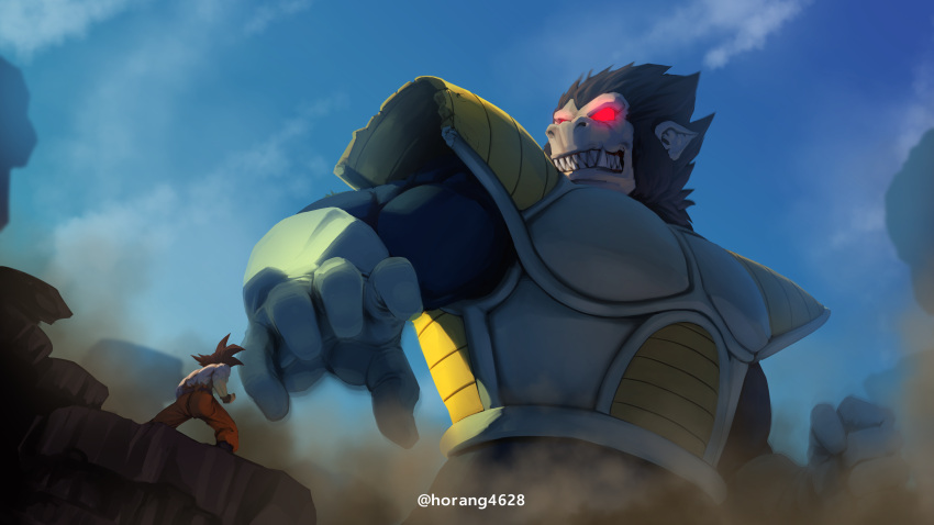 2boys absurdres blue_sky dragon_ball dragon_ball_z giant giant_male gloves glowing glowing_eyes highres horang4628 male_focus multiple_boys oozaru red_eyes saiyan_armor sky son_goku spiky_hair topless_male torn_clothes vegeta wasteland white_gloves
