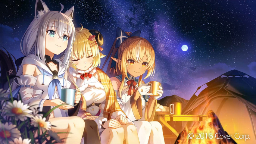 3girls ahoge animal_ears artist_request asymmetrical_hair black_thighhighs blanket blonde_hair blue_bow blue_eyes blue_neckerchief blurry blurry_foreground blush bow braid breasts campfire closed_eyes closed_mouth collarbone commentary cup detached_sleeves dress english_commentary feet_out_of_frame flower fox_ears fox_girl fox_tail full_moon fur-trimmed_collar fur_trim hair_bow hair_ornament hairclip highres holding holding_cup hololive hood hoodie horns leaning_on_person long_hair medium_breasts moon multicolored_hair multiple_girls neck_ribbon neckerchief night night_sky official_art orange_eyes outdoors parted_lips pentagram pointy_ears ponytail red_ribbon ribbon second-party_source sheep_girl sheep_horns shirakami_fubuki shiranui_flare side-by-side side_braid sidelocks single_braid single_thighhigh sitting sky sleeping small_breasts smile star_(sky) starry_sky steam streaked_hair tail tent thigh-highs tsunomaki_watame two-tone_hair virtual_youtuber watermark white_dress white_flower white_hair white_hoodie white_thighhighs