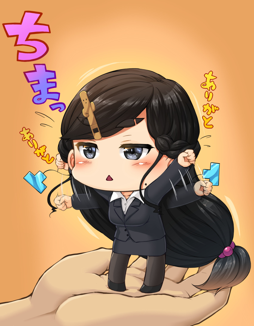 1girl 1other afterimage bangs black_eyes black_footwear black_hair black_jacket black_pantyhose black_skirt blazer blush braid chibi collared_shirt commentary_request earrings french_braid full_body highres in_palm jacket jewelry junk_gaming_maiden kitsunerider long_hair long_sleeves low-tied_long_hair office_lady onizuka_saori open_mouth orange_background pantyhose pencil_skirt shirt shoes skirt solo_focus swept_bangs thick_eyebrows triangle_mouth very_long_hair white_shirt