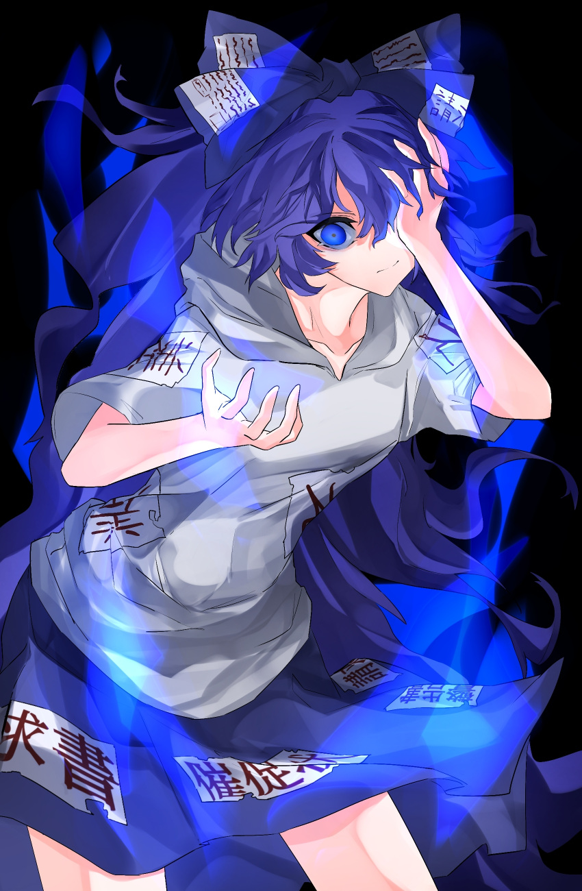 1girl absurdres aura bangs black_background blue_eyes blue_hair blue_skirt bow breasts closed_mouth commentary_request cowboy_shot debt grey_hoodie hair_between_eyes hair_bow hand_over_eye highres hood hoodie long_hair looking_at_viewer skirt small_breasts solo touhou vivo_(vivo_sun_0222) yorigami_shion