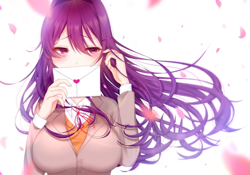 1girl bangs blazer blush breasts collared_shirt covering_mouth doki_doki_literature_club falling_petals hair_ornament hairclip hand_in_own_hair hand_up highres holding holding_letter jacket large_breasts letter long_hair looking_to_the_side love_letter neck_ribbon petals purple_hair ribbon saihara_homare school_uniform shirt solo sweater violet_eyes wind yuri_(doki_doki_literature_club)