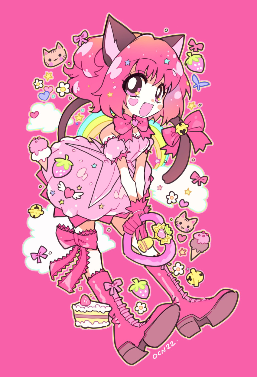 animal_ears bell blush blush_stickers boots bow bowtie cake cat_ears cat_girl cat_tail clouds detached_sleeves dress fang flower food fruit full_body gloves heart highres holding ice_cream ice_cream_cone looking_at_viewer magical_girl medium_hair mew_ichigo momomiya_ichigo oceaninspace open_mouth pink_background pink_bow pink_dress pink_eyes pink_footwear pink_gloves pink_hair rainbow signature simple_background smile star_(symbol) strawberry symbol_in_eye tail tail_bell tail_bow tail_ornament thigh_strap tokyo_mew_mew