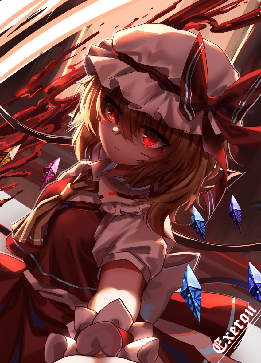 1girl absurdres alternate_hair_color arm_up artist_name ascot back_bow bangs blood bow breasts brown_ascot brown_hair chinese_commentary closed_mouth collared_shirt commentary_request crystal eyes_visible_through_hair flandre_scarlet floor frilled_shirt_collar frills grey_bow grey_headwear grey_shirt hair_between_eyes hand_up hat hat_bow highres jewelry light looking_to_the_side medium_breasts mob_cap multicolored_wings one_side_up pink_sky puffy_short_sleeves puffy_sleeves red_bow red_eyes red_skirt red_vest shadow shirt short_hair short_sleeves skirt sky smile solo sunset top-exerou touhou vest wall window wings wrist_cuffs