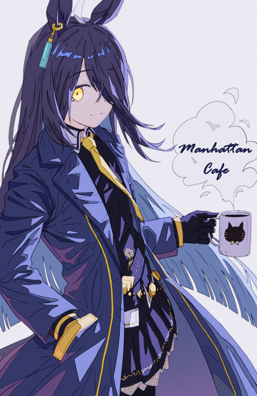 1girl ahoge animal_ears black_coat black_gloves black_hair black_shirt black_skirt character_name choker closed_mouth coat collared_shirt cup earrings gloves grey_background hair_over_one_eye hand_in_pocket highres holding holding_cup horse_ears jewelry long_hair long_sleeves looking_at_viewer manhattan_cafe_(umamusume) multicolored_hair necktie pleated_skirt shirt single_earring skirt smile split_mouth standing steam streaked_hair umamusume upper_body yellow_eyes yellow_necktie yu_yin