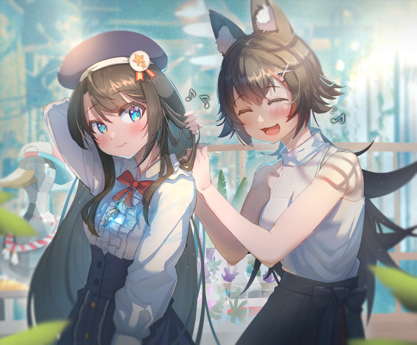 2girls :d animal_ear_fluff animal_ears bare_arms bare_shoulders beret black_hair black_skirt blue_headwear blush bow bowtie center_frills closed_eyes cowboy_shot cucumbear073 facing_another fang flipped_hair frilled_sleeves frills hair_ornament hairclip hat high-waist_skirt highres hololive long_hair long_sleeves looking_at_viewer looking_back low_ponytail meme_attire multicolored_hair multiple_girls musical_note ookami_mio oozora_subaru red_bow red_bowtie redhead shirt skirt smile spiky_hair spoken_musical_note streaked_hair tying_another's_hair tying_hair virgin_killer_outfit virtual_youtuber white_shirt wide_ponytail wolf_ears wolf_girl