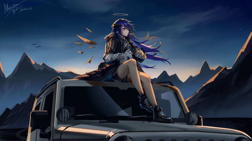 1girl arknights bare_legs black_footwear blue_eyes blue_hair clouds commentary_request demon_horns fur_trim gacha gloves ground_vehicle halo highres horns jacket jeep landscape long_hair mostima_(arknights) motor_vehicle mountain mountainous_horizon nature night night_sky on_vehicle outdoors scenery sitting sky solo white_gloves z_05