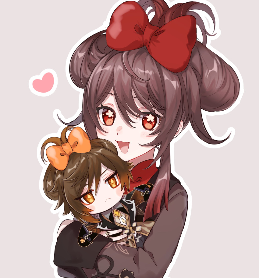 1girl :&lt; alternate_hairstyle bangs black_gloves black_hair black_nails blush bow brown_hair chinese_clothes cinnamiku coat collared_shirt colored_tips crossover diamond-shaped_pupils diamond_(shape) double_bun eyeliner eyeshadow flower-shaped_pupils formal genshin_impact gloves gradient_hair hair_between_eyes hair_bow hair_bun heart highres hu_tao_(genshin_impact) jacket jewelry long_hair long_sleeves looking_at_viewer makeup multicolored_hair necktie open_mouth red_eyes red_eyeshadow red_shirt ring shirt simple_background smile suit sushi_171 symbol-shaped_pupils vest yellow_eyes zhongli_(genshin_impact)