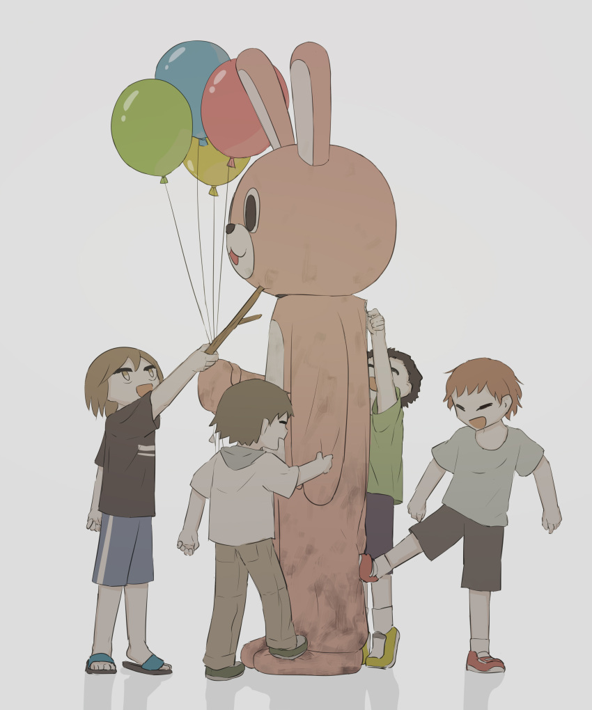1other 4boys absurdres animal_costume avogado6 balloon child closed_eyes commentary costume dirty highres holding holding_balloon kicking male_child multiple_boys open_mouth original pulling rabbit_costume short_hair stick white_background zipper_pull_tab