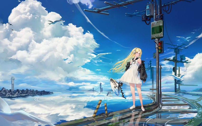 1girl absurdres bird black_jacket blue_sky clouds commentary_request dated_commentary day dress highres jacket lighthouse long_sleeves ocean original outdoors power_lines railroad_tracks scenery sem_(honey_sv) sky sleeveless sleeveless_dress solo standing utility_pole white_dress white_footwear wide_shot