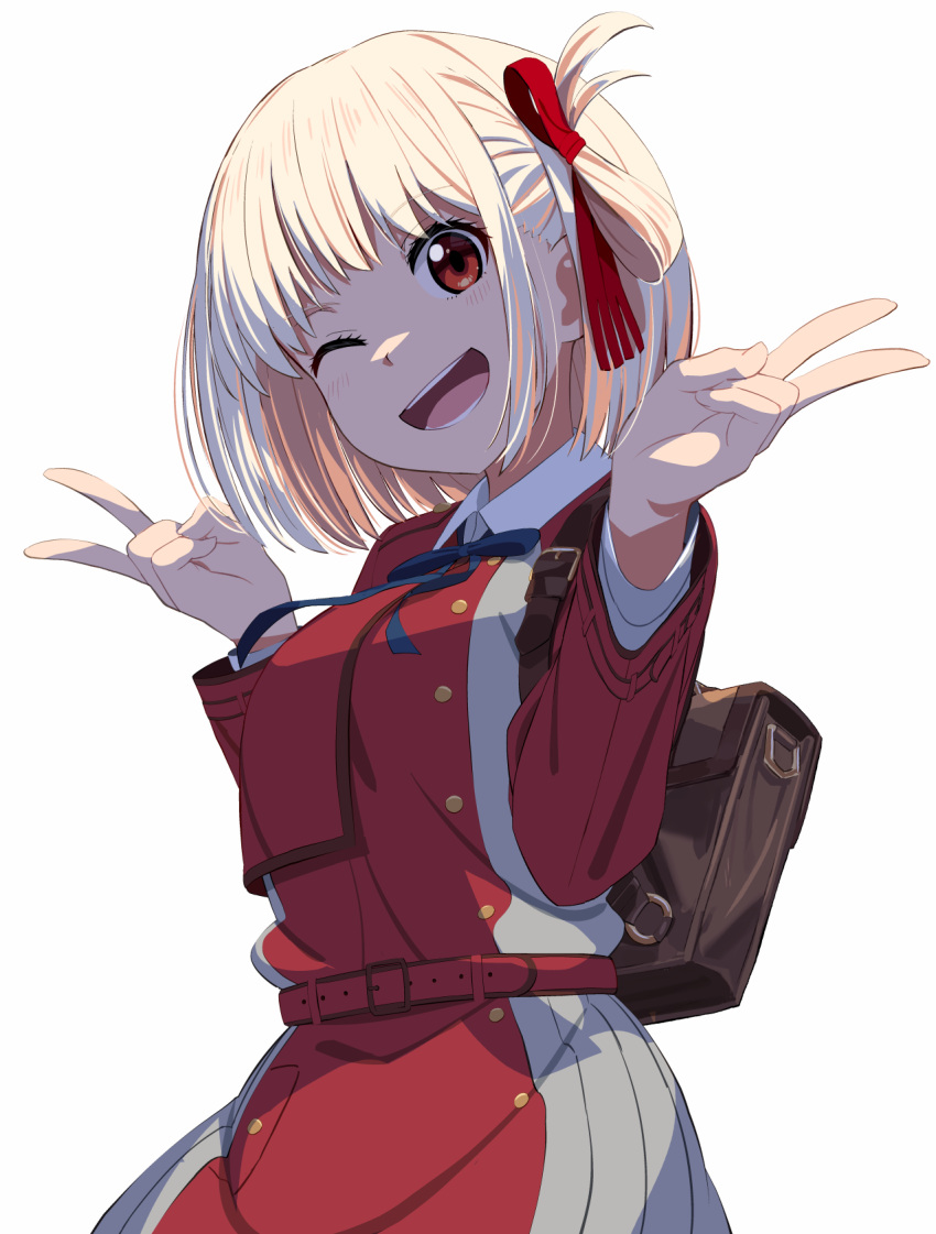 1girl ;d backpack bag bangs blonde_hair blue_bow bow breasts collared_dress commentary_request double_v dress grey_dress hair_ribbon hands_up highres long_sleeves looking_at_viewer lycoris_recoil medium_breasts monosenbei nishikigi_chisato one_eye_closed pleated_dress red_dress red_eyes red_ribbon ribbon simple_background smile solo v white_background