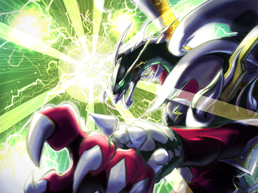 animal_focus armed_dragon_thunder armor claws dragon duel_monster electricity foreshortening glowing glowing_hand green_eyes gtbowl highres horns incoming_attack incoming_punch lightning lightning_bolt_symbol no_humans open_mouth punching solo spikes wings yu-gi-oh!