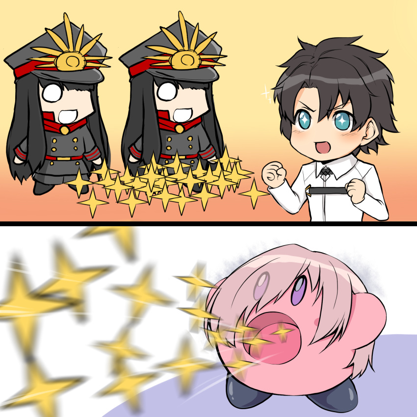 1boy 2girls bangs black_coat black_hair black_headwear blue_eyes blush character_request chibi clenched_hands coat commentary_request copy_ability cosplay fate/grand_order fate_(series) fujimaru_ritsuka_(male) hair_over_one_eye hat highres kirby kirby_(series) kitsunerider mash_kyrielight mash_kyrielight_(cosplay) multiple_girls open_mouth peaked_cap pink_hair short_hair smile star_(symbol) upper_body violet_eyes