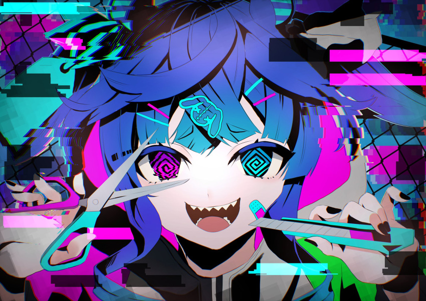 1girl @_@ animal_ears bangs black_nails blue_eyes blue_hair boxcutter chain-link_fence crossed_bangs fence glitch hair_ornament hairclip hands_up heterochromia highres holding holding_scissors hood hoodie horse_ears long_hair looking_at_viewer open_mouth scissors sharp_teeth smile solo teeth toa510 twin_turbo_(umamusume) twintails umamusume violet_eyes