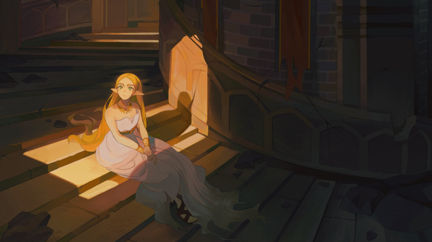 1girl blonde_hair bracelet closed_mouth commentary dress forehead gladiator_sandals green_eyes highres indoors jewelry lisa_(mochii_lisa) long_hair looking_up necklace pointy_ears princess_zelda sandals shadow sitting sleeveless sleeveless_dress solo stairs strapless strapless_dress the_legend_of_zelda the_legend_of_zelda:_breath_of_the_wild very_long_hair white_dress