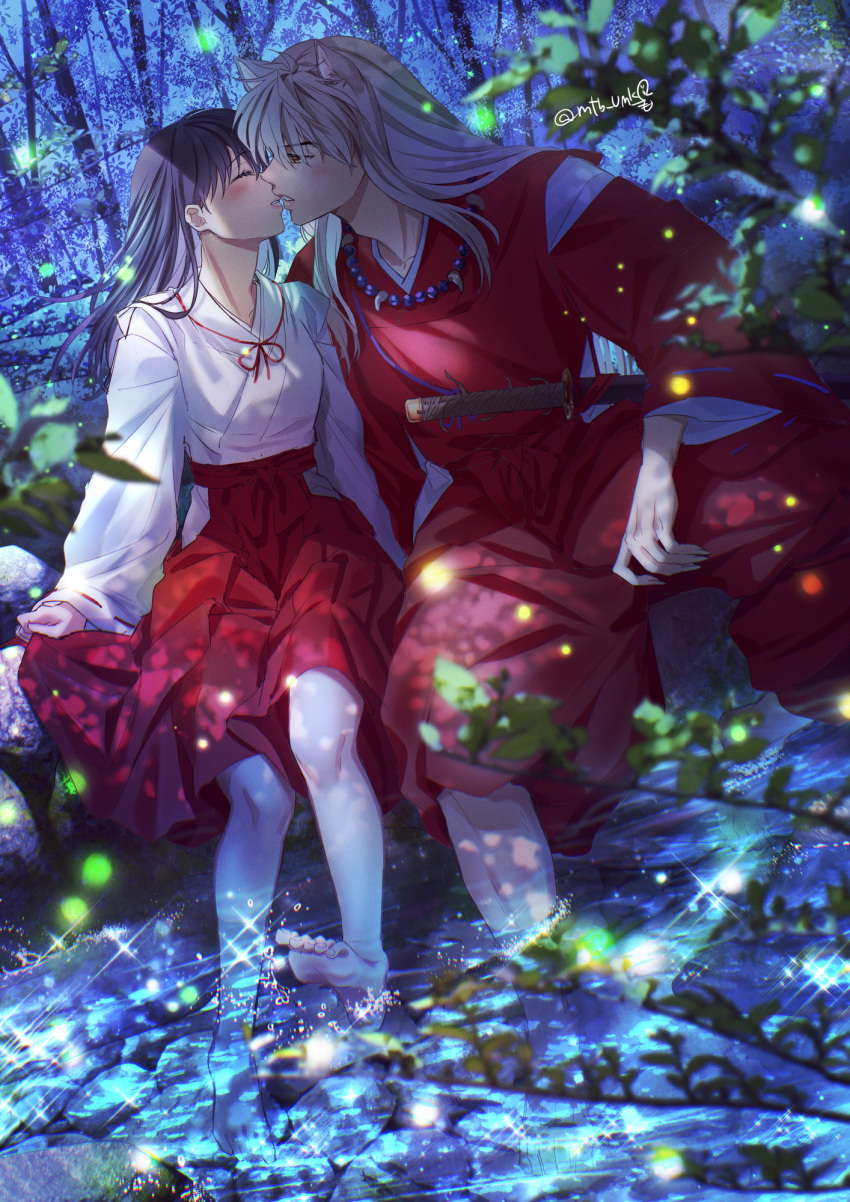 1boy 1girl animal_ears bangs bead_necklace beads black_hair blush branch closed_eyes commentary_request couple dog_ears fangs fingernails forest hair_between_eyes hakama hetero highres higurashi_kagome imminent_kiss inuyasha inuyasha_(character) japanese_clothes jewelry kariginu katana knees long_hair long_sleeves looking_at_another miko motobi_(mtb_umk) nature necklace night open_mouth orange_eyes outdoors pants red_pants river sharp_fingernails sidelocks sitting sparkle sword twitter_username water weapon white_hair wide_sleeves