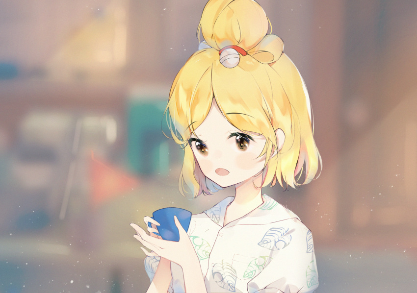 1girl absurdres animal_crossing animal_ears blonde_hair brown_eyes coffee_mug commentary_request cup dog_ears dog_girl eru_daydream furry furry_female hair_ornament highres humanization isabelle_(animal_crossing) long_hair mug parted_lips personification shirt upper_body white_shirt