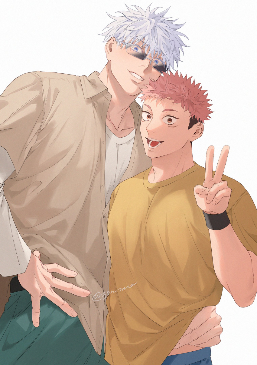 2boys aqua_pants bangs blue_eyes blue_pants brown_eyes brown_shirt ccccc_(jpn_m0) facial_mark gojou_satoru highres itadori_yuuji jujutsu_kaisen male_focus multiple_boys open_clothes open_mouth open_shirt pants pink_hair shirt short_hair simple_background smile sunglasses v white_background white_hair white_shirt wristband