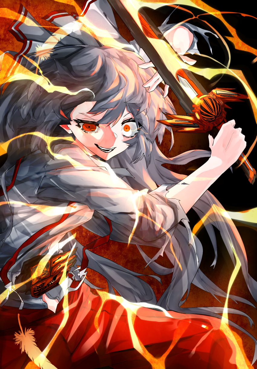 1girl bangs bow breasts commentary_request feet_out_of_frame fujiwara_no_mokou grey_hair hair_bow highres holding holding_sword holding_weapon long_hair long_sleeves looking_at_viewer open_mouth orange_eyes pants red_pants shirt sidelocks small_breasts smile solo suspenders sword torn_clothes torn_sleeves touhou uneven_eyes very_long_hair vivo_(vivo_sun_0222) weapon white_bow white_shirt