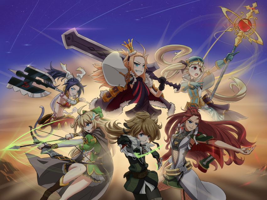 1boy 5girls achates_ururuda animal_ears aramintha_(epic_seven) arrow_(projectile) axe black_gloves blonde_hair blue_eyes blue_gloves boots bow_(weapon) brown_hair cape charlotte_(epic_seven) cidd_(epic_seven) crown dawn elf english_commentary epic_seven fur-trimmed_cape fur_trim gloves grin highres holding holding_weapon krosse multiple_girls navel open_mouth pointy_ears red_eyes redhead shoulder_tattoo silk_(epic_seven) smile sword tattoo tieria_(epic_seven) twintails weapon