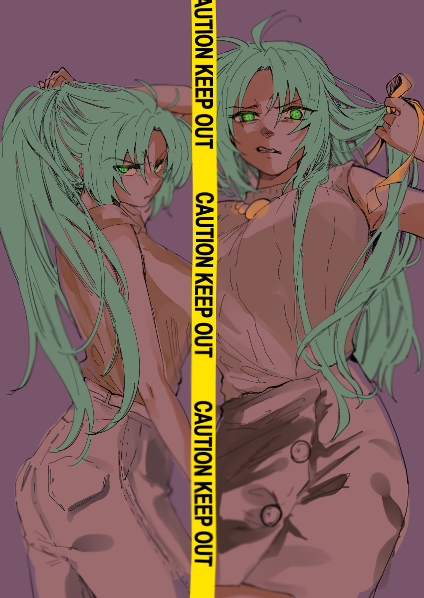 2girls absurdres ahoge breasts caution_tape from_side glowing glowing_eyes green_eyes green_hair grimace hand_in_own_hair highres higurashi_no_naku_koro_ni kayo1102 large_breasts long_hair looking_to_the_side multiple_girls pants purple_background ribbon ribbon_removed scowl shirt short_sleeves siblings sisters skirt sleeveless sleeveless_shirt sonozaki_mion sonozaki_shion yellow_ribbon yellow_shirt