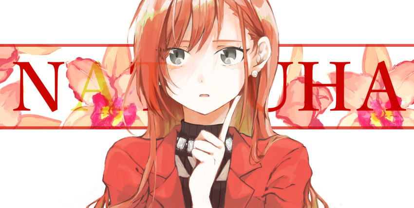 1girl :o arisugawa_natsuha character_name earrings finger_to_cheek floral_background highres idolmaster idolmaster_shiny_colors jacket jewelry long_hair looking_at_viewer orange_hair portrait red_jacket solo teriyaki_(kwpp3252) very_long_hair