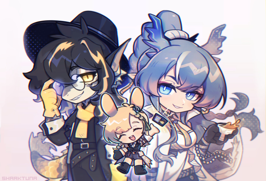 1boy 2girls adjusting_eyewear animal_ears arknights artist_name bangs black_footwear black_hair black_headwear black_shorts black_vest blonde_hair blue_eyes blue_hair braid breasts chalice chibi closed_eyes collared_shirt cowboy_shot dragon_horns english_commentary fedora full_body glasses gloves hat highres holding holding_goblet horns kroos_(arknights) kroos_the_keen_glint_(arknights) lee_(arknights) ling_(arknights) long_hair long_sleeves looking_at_viewer multiple_girls open_clothes open_mouth parted_lips pointy_ears rabbit_ears sharktuna shirt shorts smile tail teeth upper_teeth vest white_shirt yellow_eyes yellow_gloves