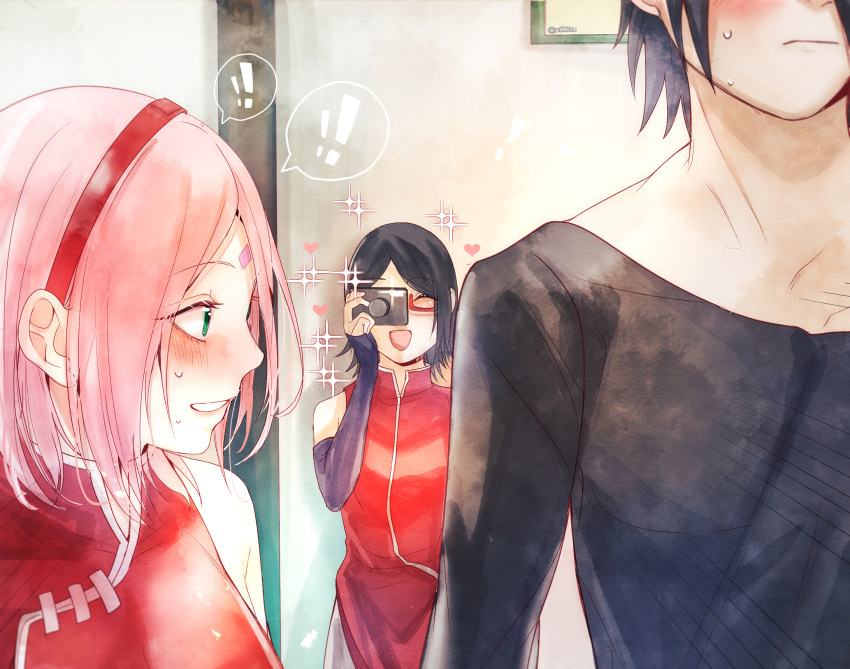 ! 1boy 2girls arm_warmers black_hair blush boruto:_naruto_next_generations camera facial_mark family forehead_mark glasses green_eyes hairband haruno_sakura heart highres multiple_girls naruto_(series) niku_(ni23ku) ninja open_mouth pink_hair red-framed_eyewear red_hairband smile sparkle spoken_exclamation_mark sweat twitter_username uchiha_sarada uchiha_sasuke