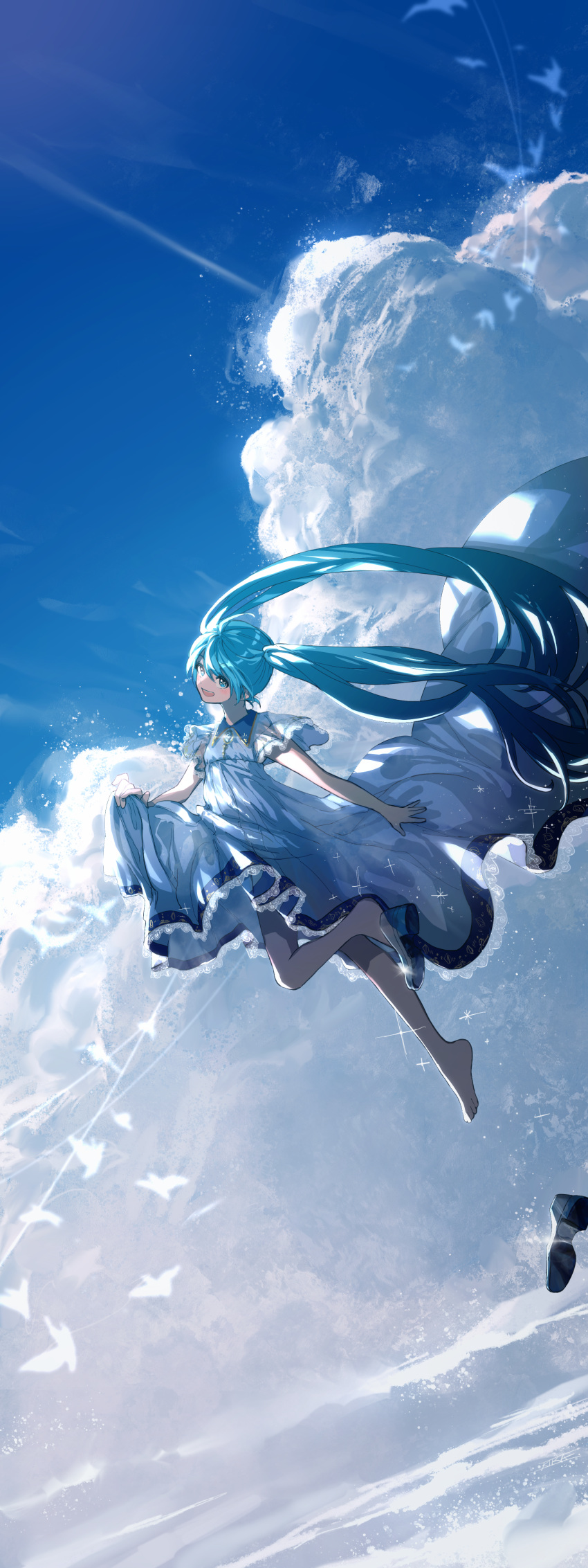 1girl :d absurdres bare_legs barefoot blue_eyes blue_hair blue_sky clouds dress floating_hair full_body hatsune_miku highres kika long_hair open_mouth short_sleeves sky smile solo twintails very_long_hair vocaloid white_dress