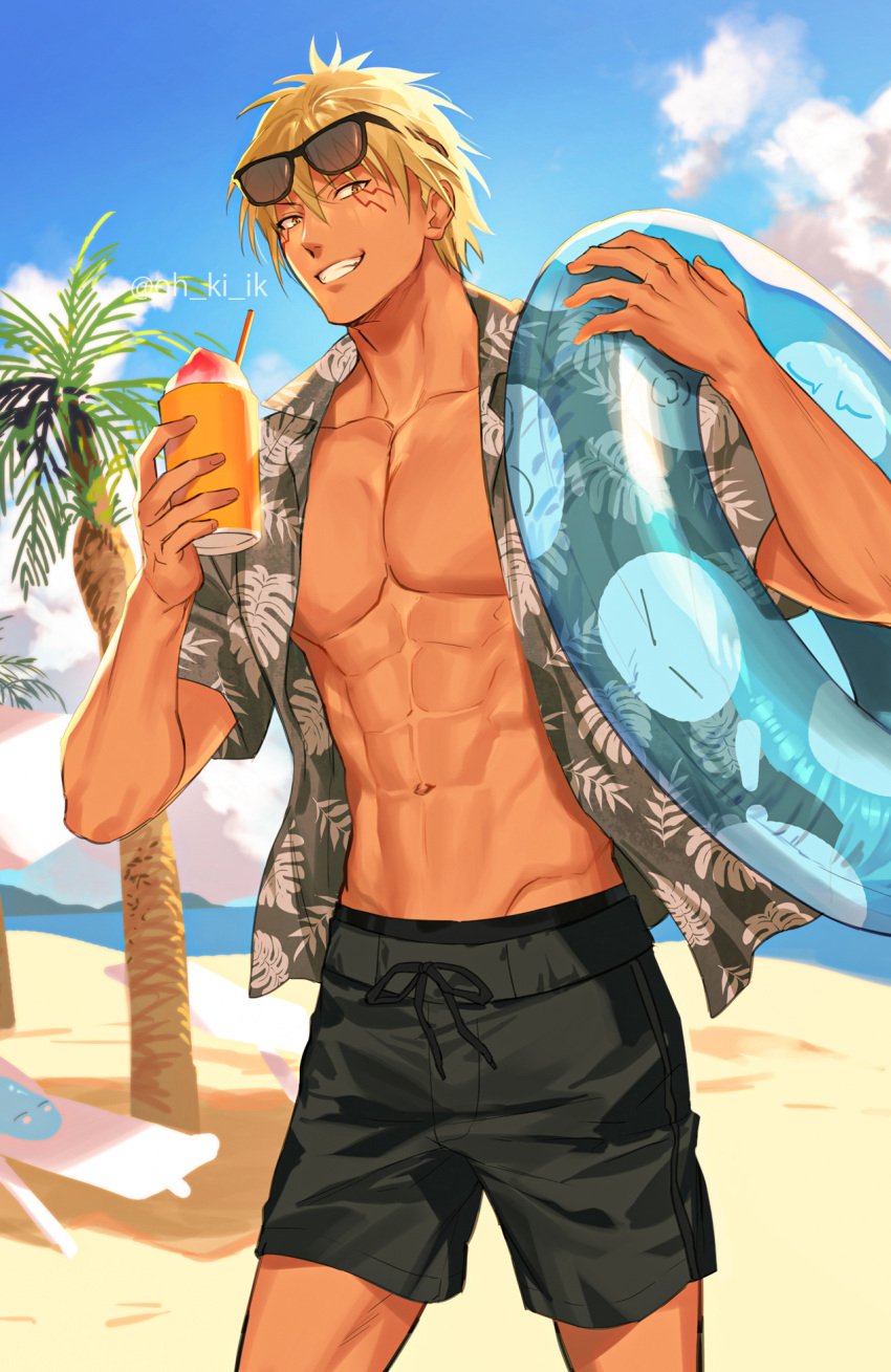 1boy abs artist_name beach blonde_hair character_request clouds cloudy_sky collared_shirt drink drinking_straw feet_out_of_frame glasses grass highres ice lifebuoy male_focus muscular muscular_male navel okii_(oh_ki_ik) open_clothes open_shirt original outdoors palm_tree pectorals sand shirt short_hair shorts signature sky smirk solo spiky_hair tan teeth tree yellow_eyes