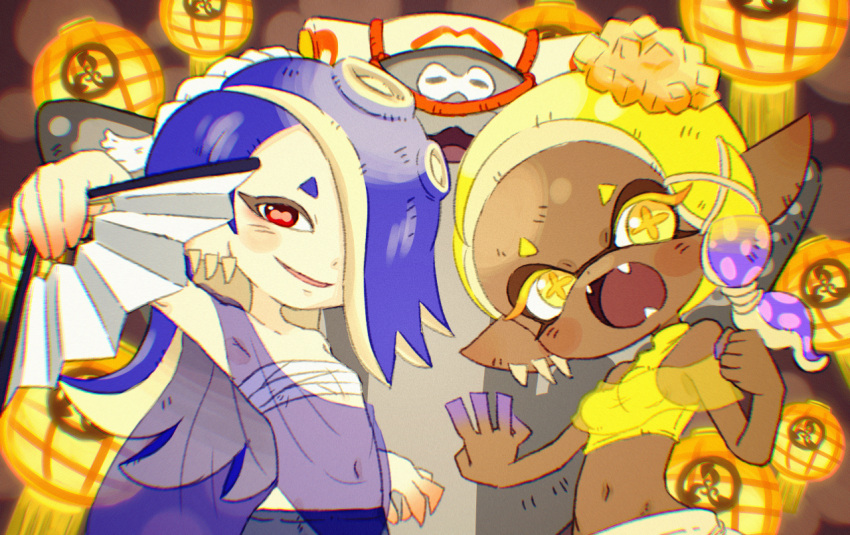 +_+ 1boy 2girls :d big_man_(splatoon) blonde_hair blue_hair breasts cephalopod_eyes chest_sarashi chromatic_aberration colored_eyelashes colored_skin dark-skinned_female dark_skin domino_mask earrings fangs folding_fan frye_(splatoon) gradient_hair hachimaki hand_fan headband holding holding_fan horizontal_pupils jewelry lantern long_hair manta_ray mask multicolored_hair multicolored_skin multiple_earrings multiple_girls navel nejiri_hachimaki octarian orange_skin paper_lantern pink_pupils purple_hair purple_skin red_eyes sarashi see-through shiver_(splatoon) small_breasts smile splatoon_(series) splatoon_3 suction_cups tentacle_hair two-tone_hair two-tone_skin yellow_eyes yellow_pupils yugmlecpdduukox