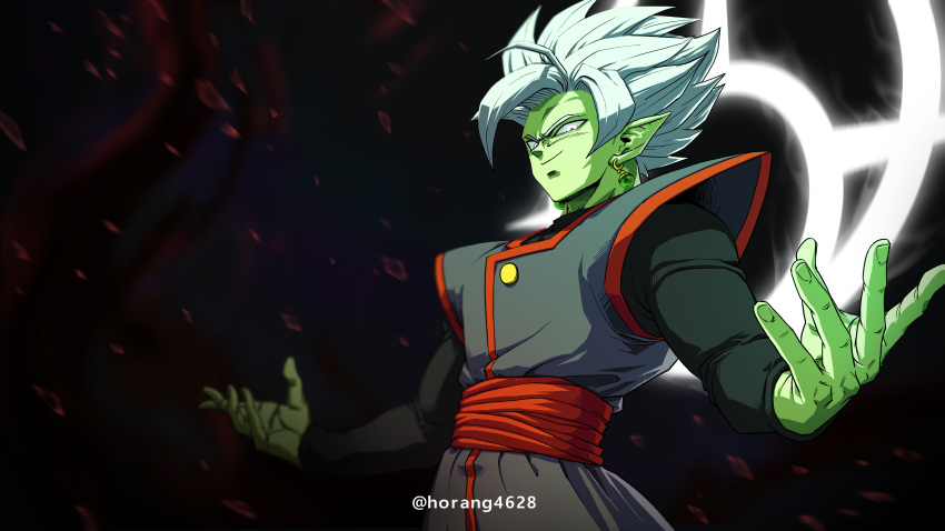 1boy absurdres closed_mouth colored_skin dragon_ball dragon_ball_super earrings evil_smile fused_zamasu green_skin halo highres horang4628 jewelry long_sleeves looking_at_viewer male_focus pointy_ears potara_earrings red_sash sash smile solo twitter_username white_eyes white_hair