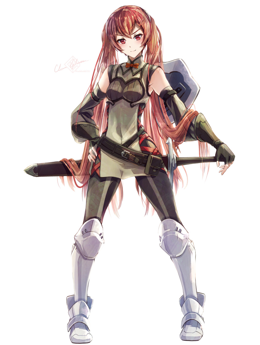 1girl absurdres armored_boots artist_name black_gloves boots clear_glass_(mildmild1311) detached_sleeves fighting_stance fingerless_gloves fire_emblem fire_emblem_awakening full_body gloves hand_on_weapon highres leggings long_hair looking_at_viewer ready_to_draw red_eyes redhead severa_(fire_emblem) sheath sheathed shield shirt signature simple_background sleeveless sleeveless_shirt smile solo standing sword sword_on_back twintails twitter_username very_long_hair weapon weapon_on_back white_background white_footwear