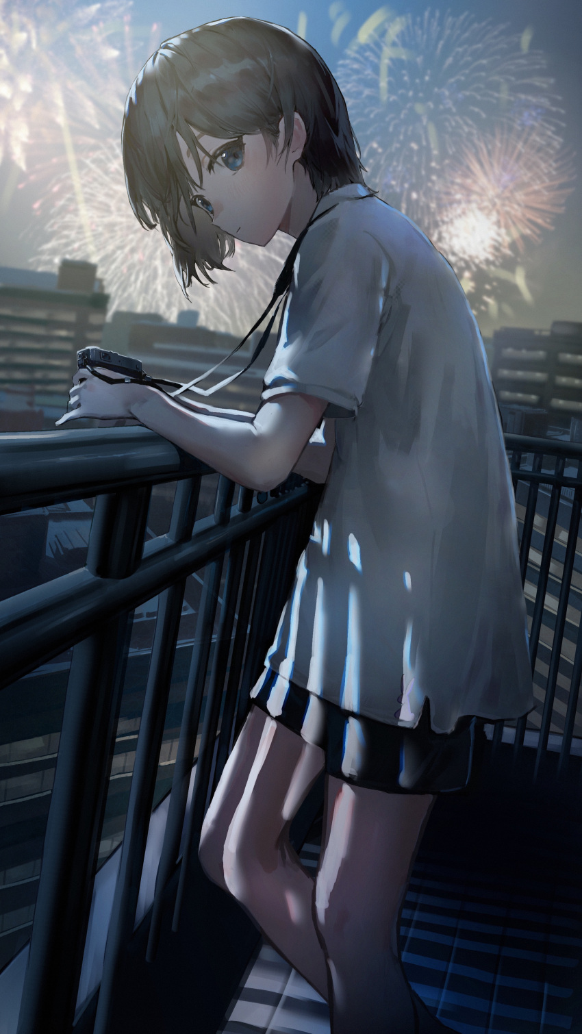 1girl absurdres against_railing balcony bangs black_hair black_shorts blue_eyes camera cityscape closed_mouth commentary feet_out_of_frame fireworks highres hirooriginals holding holding_camera looking_at_viewer medium_hair night original outdoors railing shirt short_sleeves shorts solo symbol-only_commentary white_shirt