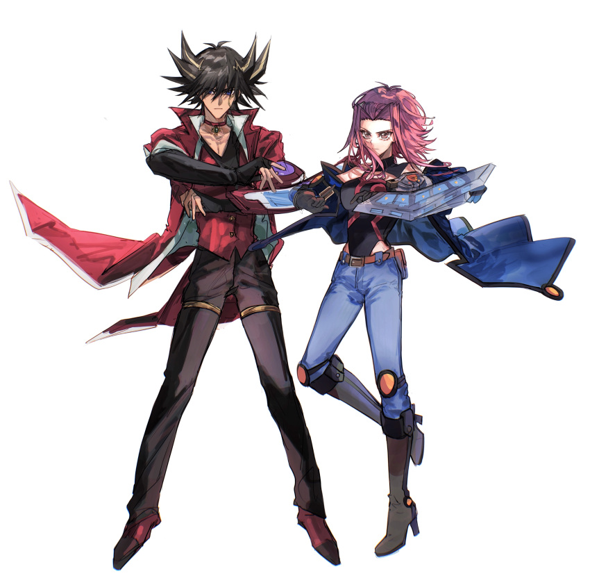 1boy 1girl absurdres bangs bare_shoulders between_fingers black_hair blonde_hair blue_eyes boots brown_eyes card choker cosplay costume_switch denim duel_disk facial_tattoo fingerless_gloves fudou_yuusei fudou_yuusei_(cosplay) gloves hand_up high_heel_boots high_heels highres holding holding_card izayoi_aki izayoi_aki_(cosplay) jacket jeans knee_pads long_hair multicolored_hair naoki_(2rzmcaizerails6) open_clothes open_jacket pants pectoral_cleavage pectorals redhead shoes spiky_hair standing streaked_hair tattoo yu-gi-oh! yu-gi-oh!_5d's