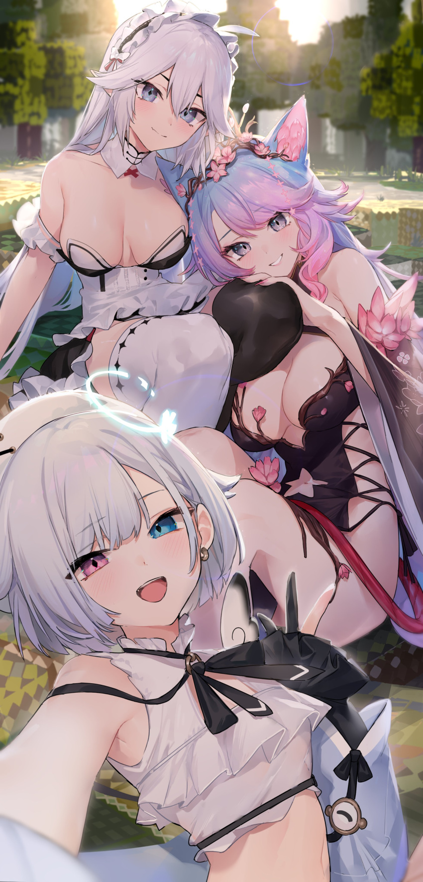 3girls absurdres ahoge amemiya_nazuna animal_ear_fluff animal_ears armpits asymmetrical_legwear bare_shoulders beret black_gloves black_thighhighs blue_eyes blue_hair branch breasts cherry_blossoms crop_top detached_collar earrings gloves halo hat heterochromia highres hugging_another's_leg jewelry large_breasts light_blush long_hair looking_at_viewer maid_headdress midriff mismatched_legwear multicolored_hair multiple_girls navel neonbeat outdoors pink_hair reaching_out selfie short_hair silvervale sitting sleeveless smile thigh-highs vei_(vtuber) violet_eyes virtual_youtuber vshojo w white_thighhighs