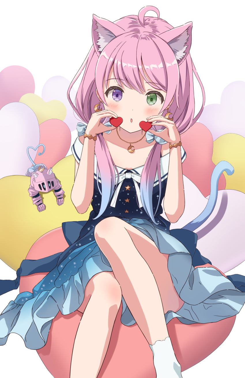 1girl :o absurdres ahoge animal_ear_fluff animal_ears blue_dress blush cat_ears cat_girl cat_tail crescent crescent_earrings crescent_necklace dress earrings gradient_hair green_eyes heterochromia highres himemori_luna hololive jewelry long_hair looking_at_viewer low_twintails medium_dress multicolored_hair necklace off-shoulder_dress off_shoulder open_mouth pink_hair pleio print_dress purple_hair sailor_collar sailor_dress sitting socks solo star_(symbol) star_print tail twintails violet_eyes virtual_youtuber white_sailor_collar white_socks