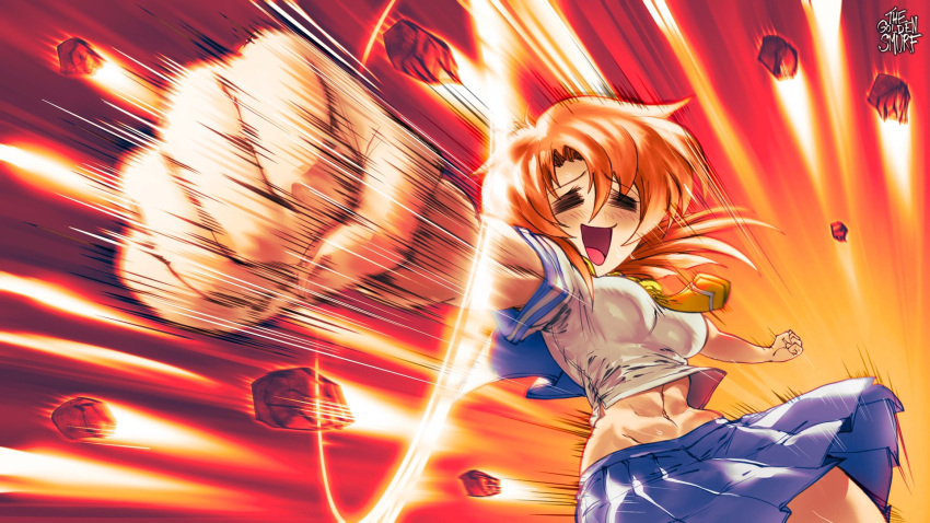 1girl =_= abs artist_name breasts closed_eyes commentary derivative_work highres higurashi_no_naku_koro_ni medium_breasts midriff motion_lines open_mouth orange_hair pleated_skirt punching ryuuguu_rena skirt smile solo the_golden_smurf