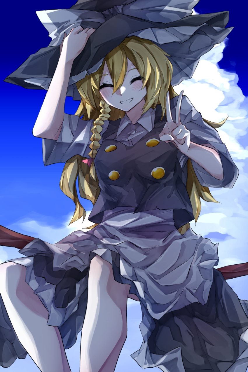 1girl absurdres apron bangs black_headwear black_skirt black_vest blonde_hair blue_sky blush bow braid breasts broom broom_riding buttons closed_eyes clouds collared_shirt commentary_request feet_out_of_frame grin hair_between_eyes hair_bow hat hat_bow highres kirisame_marisa long_hair medium_breasts pink_bow shirt short_sleeves side_braid single_braid sitting skirt skirt_set sky smile solo touhou v vest vivo_(vivo_sun_0222) waist_apron white_apron white_bow white_shirt witch_hat