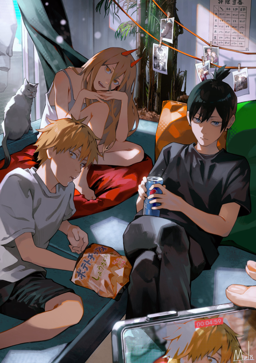 1girl 2boys absurdres bare_shoulders black_hair blonde_hair casual cat chainsaw_man crossed_legs denji_(chainsaw_man) feet hayakawa_aki highres holding holding_phone indoors kyuuba_melo looking_at_viewer multiple_boys open_mouth pants phone photo_(object) pillow power_(chainsaw_man) recording sharp_teeth shirt short_ponytail sitting smile t-shirt tank_top teeth