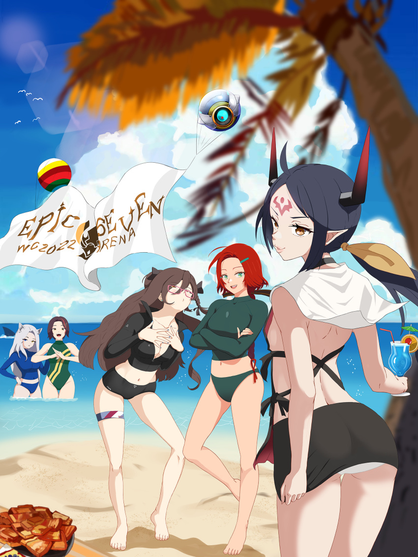 5girls absurdres animal_ears apocalypse_ravi_(epic_seven) banner beach bird blue_eyes blush brown_eyes brown_hair clothes_pull cocktail_umbrella crossed_arms drink epic_seven facial_mark food forehead_mark glasses green_eyes hair_ornament heterochromia highres holding holding_drink holy_flame_adin_(epic_seven) horns hwayoung_(epic_seven) mandy_(c_y_18) multiple_girls navel one-piece_swimsuit open_mouth palm_tree partially_submerged peira_(epic_seven) pursed_lips redhead seagull shark skirt skirt_pull smile summer swimsuit tree white_hair yellow_eyes yuna_(epic_seven)