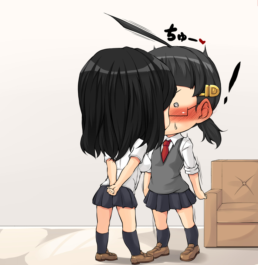 ! 2girls ahoge bangs black-framed_eyewear black_hair black_skirt black_socks blunt_bangs blush breasts brown_footwear chibi commentary_request couch full_body glasses grey_vest hair_ornament highres ido_romeko junk_gaming_maiden kiss kitsunerider loafers marumi_(junk_gaming_maiden) medium_breasts miniskirt multiple_girls necktie nose_blush o3o pleated_skirt rectangular_eyewear red_necktie semi-rimless_eyewear shirt shoes short_hair short_ponytail skirt sleeves_rolled_up small_breasts socks standing surprise_kiss surprised under-rim_eyewear vest white_shirt yuri