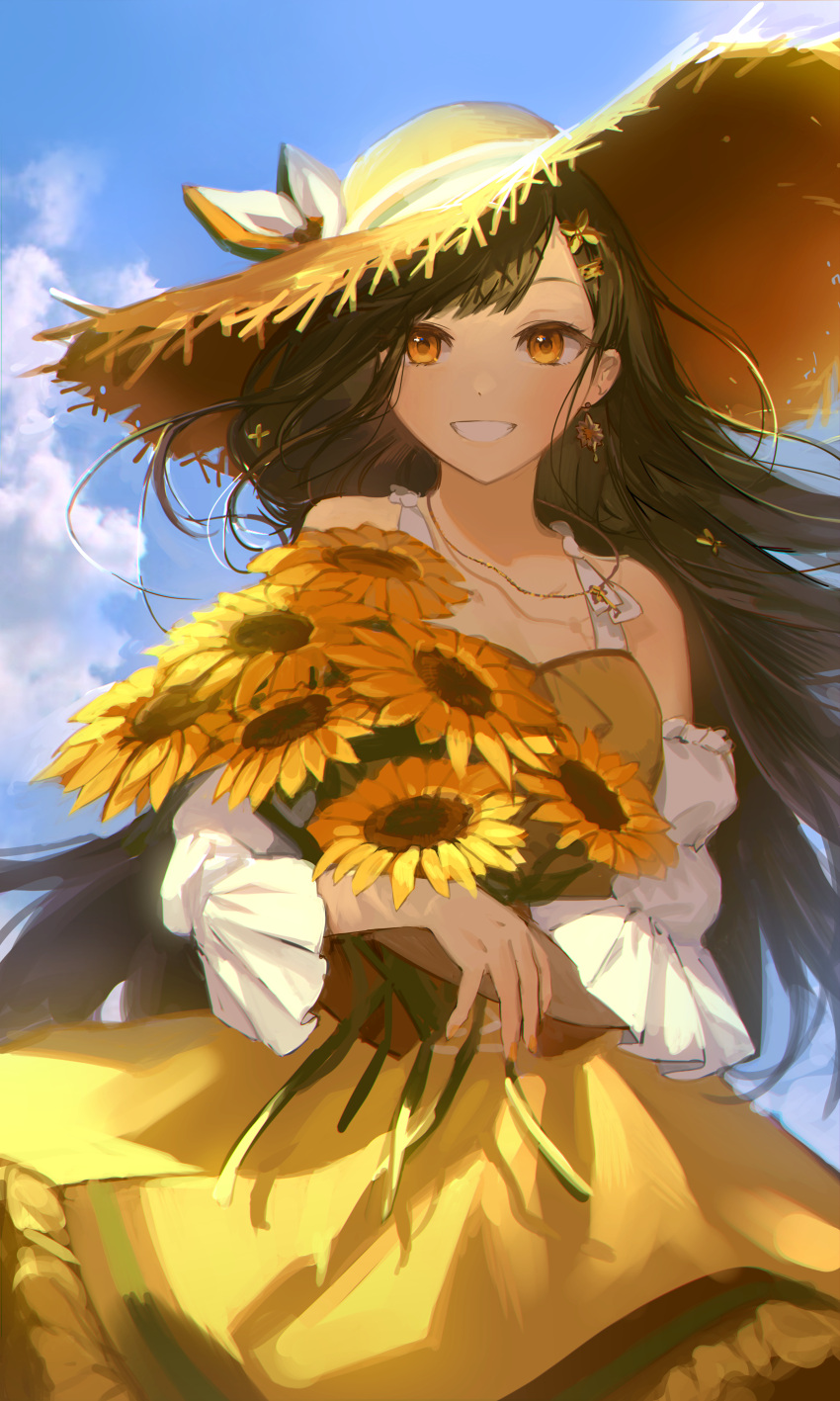 1girl absurdres bangs blue_sky bouquet bow brown_hair clouds day detached_sleeves dress earrings floating_hair flower grin hair_flower hair_ornament hat hat_bow highres holding holding_bouquet jewelry long_hair long_sleeves looking_at_viewer nannaspad orange_eyes outdoors project_sekai shiraishi_an sky sleeveless sleeveless_dress smile solo straw_hat summer sun_hat sundress sunflower swept_bangs very_long_hair white_bow white_sleeves yellow_dress yellow_flower yellow_headwear