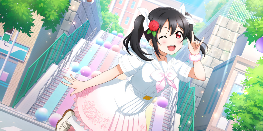 black_hair blush dress long_hair love_live!_school_idol_festival_all_stars red_eyes smile twintails wink yazawa_nico