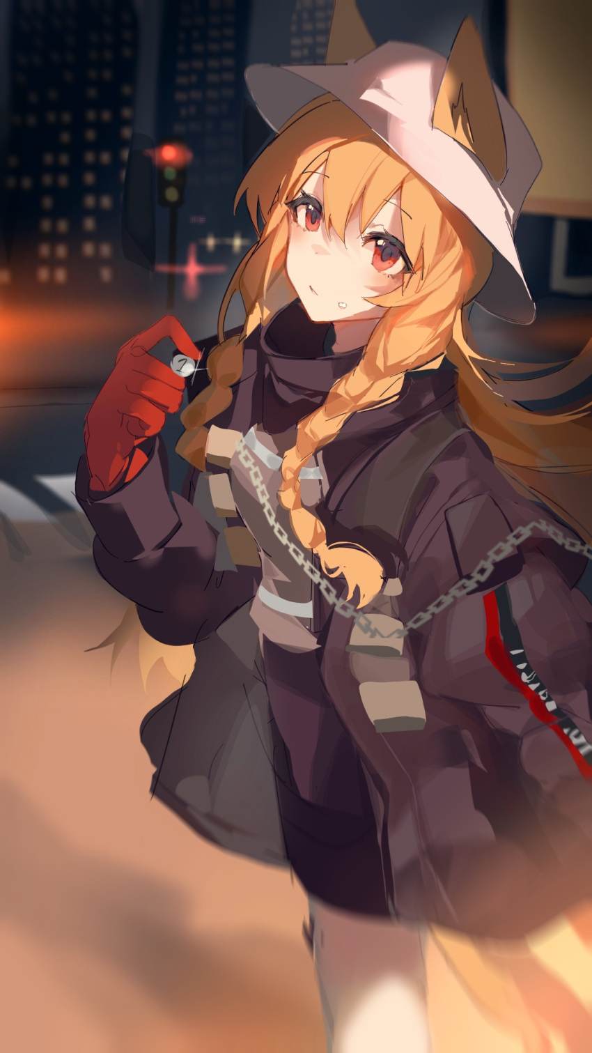 1girl animal_ears arknights black_coat blurry braid bucket_hat building ceobe_(arknights) chain closed_mouth coat coin collared_coat depth_of_field dog_ears dog_girl dog_tail ears_through_headwear gloves hat highres holding holding_coin leggings long_hair long_sleeves looking_at_viewer night orange_eyes orange_hair outdoors red_gloves road skyscraper solo sparkle standing street tail taoer. traffic_light twin_braids white_headwear white_leggings window