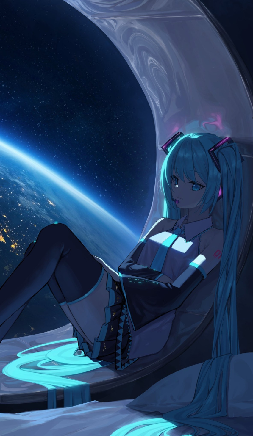 1girl absurdly_long_hair bangs black_skirt black_sleeves black_thighhighs blue_eyes blue_hair blue_necktie closed_mouth collared_shirt detached_sleeves hair_between_eyes hand_on_own_stomach hatsune_miku headphones headset highres long_hair long_sleeves mansu_(user_pnmp4287) microphone miniskirt necktie pillow pleated_skirt shirt sitting skirt sleeveless sleeveless_shirt solo thigh-highs twintails very_long_hair vocaloid white_shirt wing_collar zettai_ryouiki