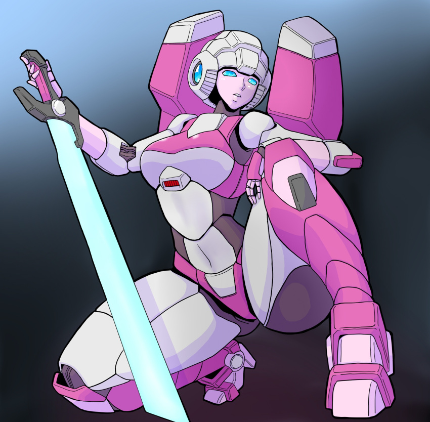 1girl alien arcee beam_saber blue_eyes breasts curvy high_heels highres humanoid_robot krossborn mecha_musume medium_breasts panties pink_panties robot solo sword thick_thighs thighs transformers underwear weapon