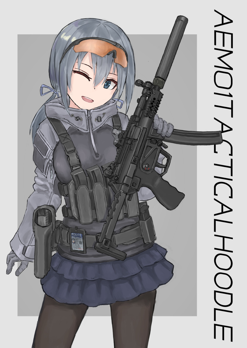 absurdres ammunition_pouch blue_eyes d-sawa613 gloves grey_hair gun h&amp;k_mp5 h&amp;k_mp5k handgun heckler_&amp;_koch highres holding holding_weapon hood hoodie looking_at_viewer one_eye_closed open_mouth original police pouch safety_glasses skirt smile submachine_gun suppressor weapon