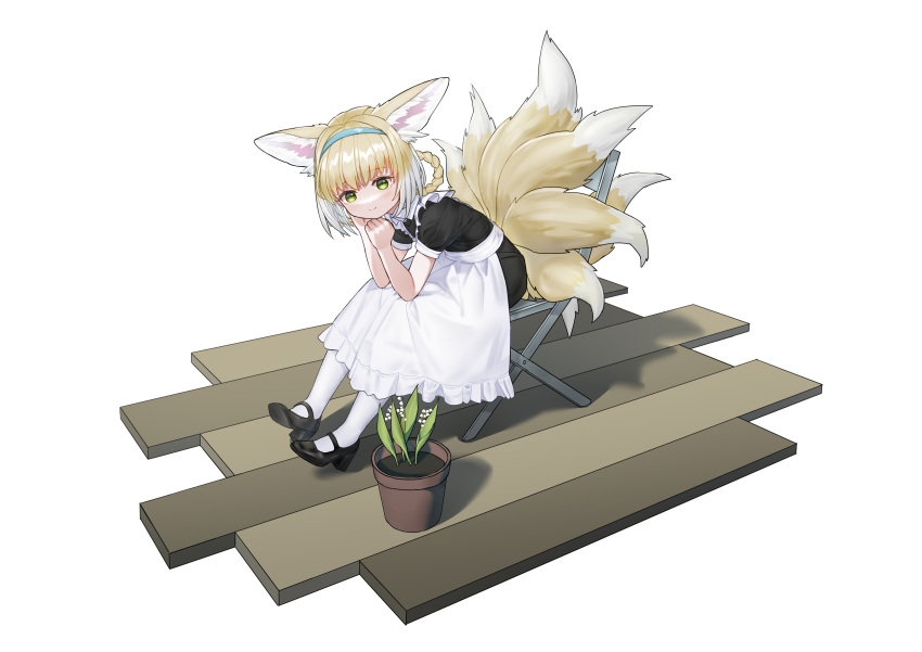 1girl absurdres alternate_costume animal_ear_fluff animal_ears anyongbin18622 apron arknights bangs black_dress black_footwear blue_hairband braid chair closed_mouth dress enmaided flower flower_pot folding_chair fox_ears fox_girl fox_tail frilled_apron frills green_eyes hair_rings hairband hands_up high_heels highres kyuubi leaning_forward lily_of_the_valley maid multicolored_hair multiple_tails on_chair pantyhose plant potted_plant puffy_short_sleeves puffy_sleeves shoes short_sleeves simple_background smile solo suzuran_(arknights) tail twin_braids two-tone_hair white_apron white_background white_flower white_hair white_pantyhose wooden_floor